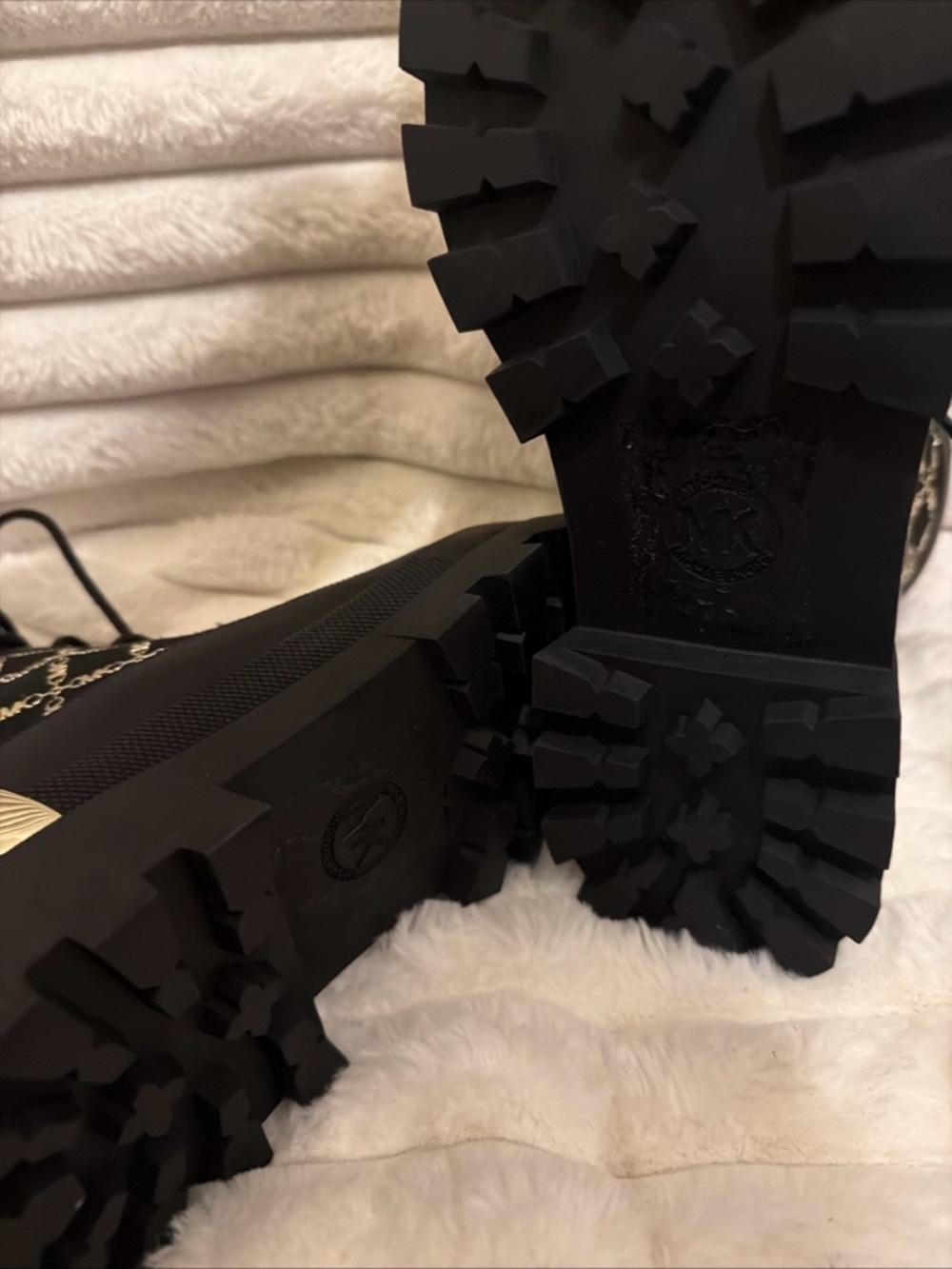 Michael Kors Black and Gold Logo Lace-Up Combat Boots - Picture 6 of 10